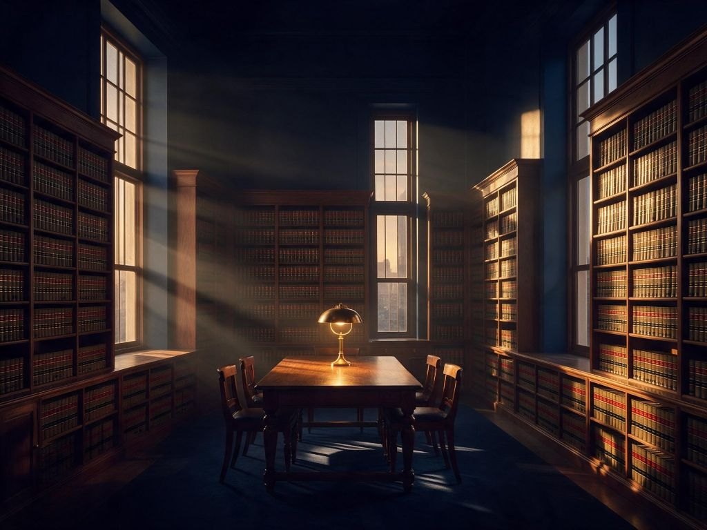 The firm's law library — bound law reports and a reading table lit by late afternoon light